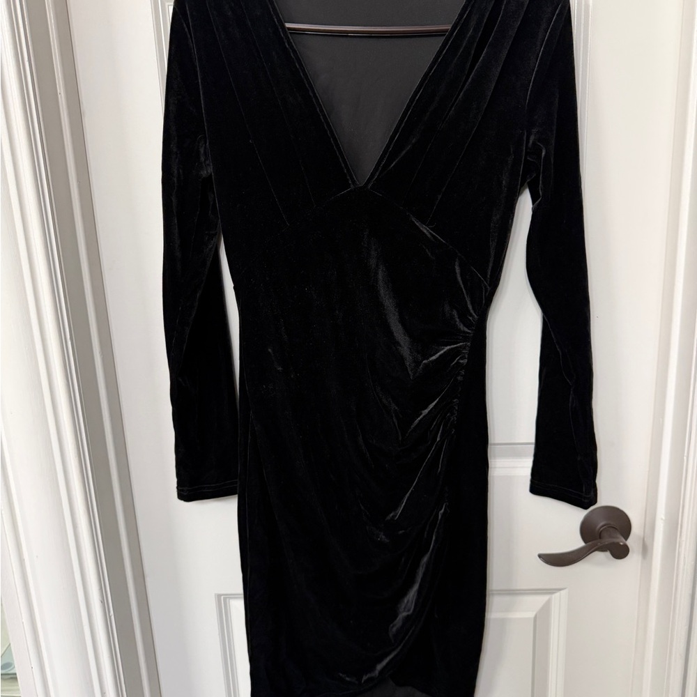 Black Velvet Long-Sleeve V-Neck Dress